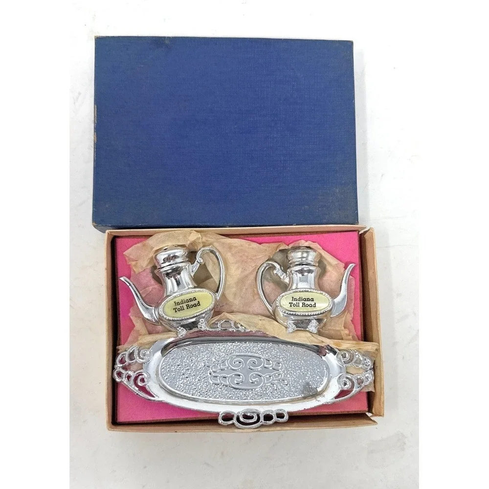 VTG Souvenir Salt Pepper Shakers Silver Teapots Tray Metal Indiana Toll Road